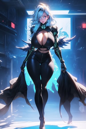 \\Beautiful 20 year old woman\\, (blonde eyes),((big natural breasts)), glowing eyes:1.4, ((light blue hair)), bangs, long_hair, hourglass body shape, detailed eyes, large breasts quality, slim waist, (slim thick body), ((full-body)), cybernetic body, cyber wings, solo_female ,midjourney