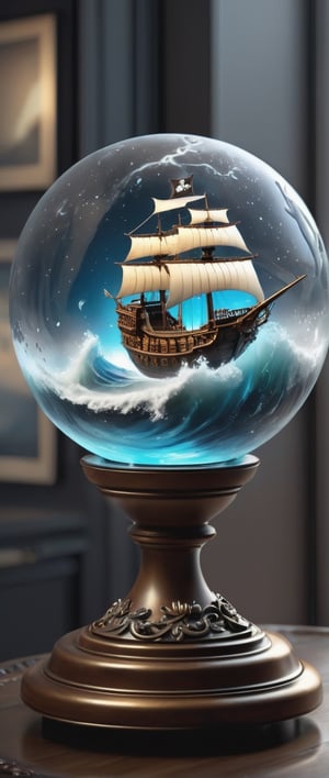 A  glass sphere sculpture, concealed inside the sphere is a large Pirate Ship in a Lightning storm, large waves, in the dark, detailed image, 8k high quality detailed, the moon, shaped sphere, amazing wallpaper, digital painting highly detailed, 8k UHD detailed oil painting, beautiful art UHD, focus on full glass sphere, bokeh,  background Modifiers: extremely detailed Award winning photography, fantasy studio lighting, photorealistic very attractive beautiful imperial colours ultra detailed 3D, (Very Intricate),Disney pixar style