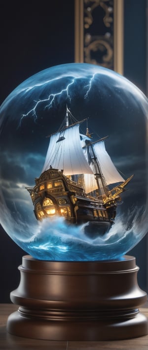 A  glass sphere sculpture, concealed inside the sphere is a large Pirate Ship in a Lightning storm, large waves, in the dark, detailed image, 8k high quality detailed, the moon, shaped sphere, amazing wallpaper, digital painting highly detailed, 8k UHD detailed oil painting, beautiful art UHD, focus on full glass sphere, bokeh,  background Modifiers: extremely detailed Award winning photography, fantasy studio lighting, photorealistic very attractive beautiful imperial colours ultra detailed 3D, (Very Intricate)