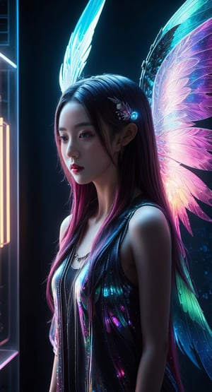 (a woman with long hair standing in front of a mirror, sci-fi highly detailed, fairy cgsociety, highly detailed zen neon, kawaii realistic portrait, artdevian, marc brunet, winged human, beautiful intricate painting, highly intricate mindar punk, pixiv frontpage, inspired by Georges Emile Lebacq, anime inspiration), Detailed Textures, high quality, high resolution, high Accuracy, realism, color correction, Proper lighting settings, harmonious composition, Behance works, more detail XL, Anime, hentai, sooyaaa,Strong Backlit Particles,chrometech,DonMF41ryW1ng5XL