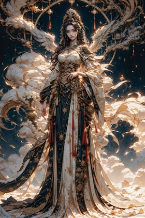 half body shot of a character standing in majestic pose, hyper realistic representation of a fantasy chinese empress with the most sumptuous wedding hanfu dress made of red silk and richly embroidered with gold and silver threads, wide sleeves, intricately carved golden badges and tassels, flowers and clouds background, smoke, intricately carved rock magic circle, mandala of lights. Art by Yoshitaka Amano, Zhong Fenghua, stunning interpretive visual, gothic regal, colorful, realistic eyes, dreamy magical atmosphere, (film grain), (warm hue, warm tone), cinematic light, side lightings, Angel,xuer house,Circle,Nice legs and hot body