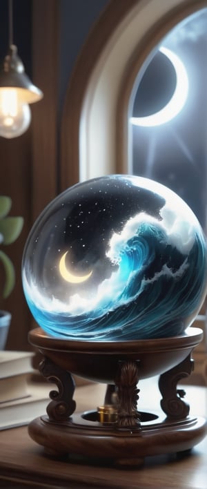 A  glass sphere sculpture, concealed inside the sphere is a large Pirate Ship in a Lightning storm, large waves, in the dark, detailed image, 8k high quality detailed, the moon, shaped sphere, amazing wallpaper, digital painting highly detailed, 8k UHD detailed oil painting, beautiful art UHD, focus on full glass sphere, bokeh,  background Modifiers: extremely detailed Award winning photography, fantasy studio lighting, photorealistic very attractive beautiful imperial colours ultra detailed 3D, (Very Intricate),Disney pixar style