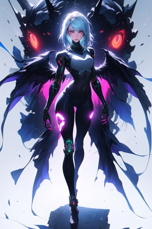 \\Beautiful 20 year old woman\\, (red eyes), glowing eyes:1.4, ((light blue hair)), bangs, long_hair, hourglass body shape, detailed eyes, large breasts quality, slim waist, (slim thick body), ((full-body)), cybernetic body, cyber wings, solo_female ,midjourney