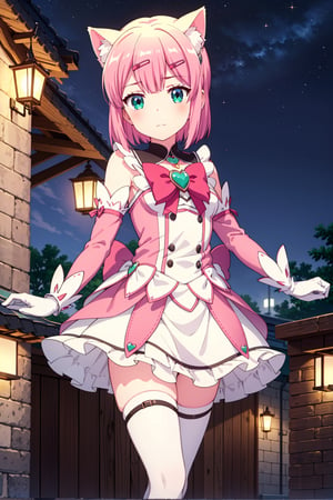 1girl, Chiyoda momo, cat ear, magical girl, white gloves, elbow sleeves, jewelry, outdoor, night, blush, closed mouth, look at viewer, standing, 