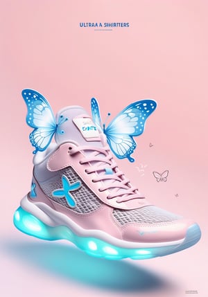 Product poster design, children's shoes with the words "ULTRAWIDE SHriters" written on it and butterflies flying in pastel colors. The background is light pink sky blue gradient and there should be some water ripples at bottom right. They look like sneakers made of white mesh material with gray soles. A large title reads 'x', while small letters say 'ogilvys.' The shoe has two big lights hanging from its upper part.