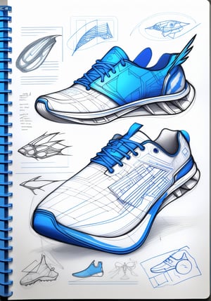 Design sketch of a futuristic running shoe with geometric shapes and lines in a blue colorway, in the technical drawing style drawn on a notebook page, with ink pen and pencil drawings and notes, with metallic accents, a drawing of an animal wing in the background, a drawing of marine life in the foreground, concept art.