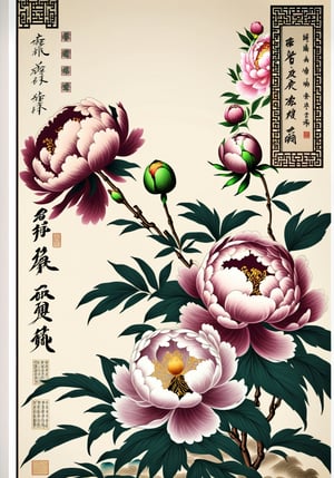 fabric print design Peony pattern, Chinese legendary flower, willow tree , combined with ancient Chinese paintings which is an advertising billboard Antique Chinese items, vintage, light colored background.