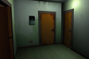 Apartment coridor, old building, dark, 1 lightsource, yellow lighting, 3d, old game, ps2 game, horror, horror game, resident evil, old 3d grapics, PS2 era game. low textures, rusty, dusty, shabby, night, weak light, ((darkness)), abandoned, concrete floor, green paint on walls, doors on each wall, 3 doors, light bulb, fuse box