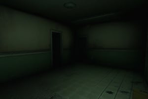 Apartment coridor, old building, dark, 1 lightsource, yellow lighting, 3d, old game, ps1 game, horror, horror game, resident evil, old 3d grapics, PS1 era game. low textures, rusty, dusty, shabby, night, weak light, ((darkness)), abandoned, concrete floor, green paint on walls,