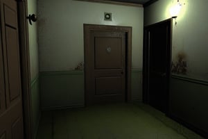 Apartment coridor, old building, dark, 1 lightsource, yellow lighting, 3d, old game, ps2 game, horror, horror game, resident evil, old 3d grapics, PS2 era game. low textures, rusty, dusty, shabby, night, weak light, ((darkness)), abandoned, concrete floor, green paint on walls, doors on each wall, 3 doors, light bulb