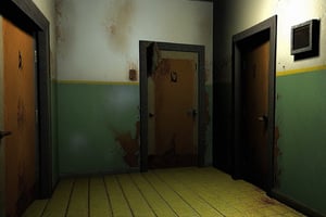 Apartment coridor, old building, dark, 1 lightsource, yellow lighting, 3d, old game, ps2 game, horror, horror game, resident evil, old 3d grapics, PS2 era game. low textures, rusty, dusty, shabby, night, weak light, ((darkness)), abandoned, concrete floor, green paint on walls, doors on each wall, 3 doors, light bulb