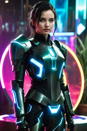 A realistic photo of Art3mis from "Ready Player One" by Ernest Cline. Include details about her appearance, such as her striking black hair, intriguing face, blue eyes, compact hourglass figure, and stylish armor within the Oasis, Be sure to convey her captivating and charismatic presence, full_body,DonMCyb3rSp4c3XL