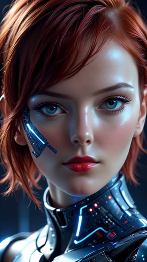 22 year old supermodel face, short red hair, fascinating future cyborg woman, fine traces of electronics under skin, cyborg elements in pleasing blue tones, detailed patterns on skin, high tech helmet and collar, electrical traces on cheeks, glowing lines under skin on nose and chin, sensual expression, eyes looking at camera, face angled from camera, (close up of face), realistic, high skin detail, red lips, soft illumination