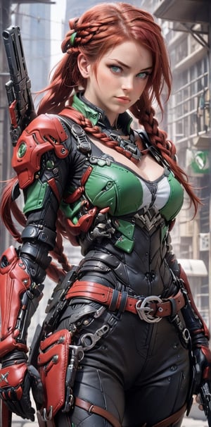 1girl, solo, long hair, looking at viewer, red hair, hair_style, gloves, green eyes, standing, weapon, braid, cowboy shot, pretty ears, sexy smirk, belt, lips, single braid, hair over shoulder, realistic, leather