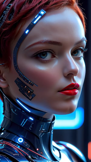 22 year old supermodel face, short red hair, fascinating future cyborg woman, fine traces of electronics under skin, cyborg elements in pleasing blue tones, detailed patterns on skin, high tech helmet and collar, electrical traces on cheeks, glowing lines under skin on nose and chin, sensual expression, eyes looking at camera, face away from camera, (close up of face), realistic, high skin detail, red lips, soft illumination,dark futuristic