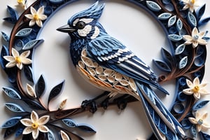 ((paper quilling of a blue jay)), three dimentional paper art, meaningful colors,16k resolution, masterpiece, highly complex setting,dynamic lighting, breathtaking, lovely photography style, Extremely Realistic,