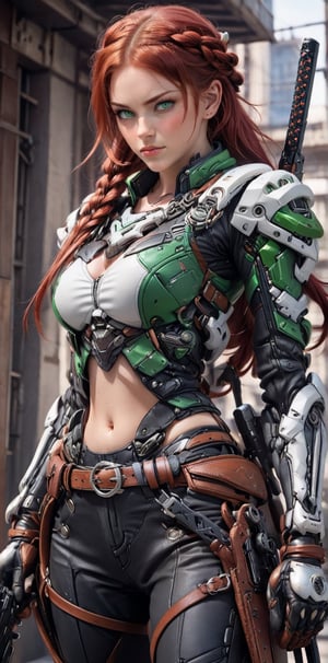 1girl, solo, long hair, looking at viewer, red hair, hair_style, gloves, green eyes, standing, weapon, braid, cowboy shot, pretty ears, sexy smirk, belt, lips, single braid, hair over shoulder, realistic, leather