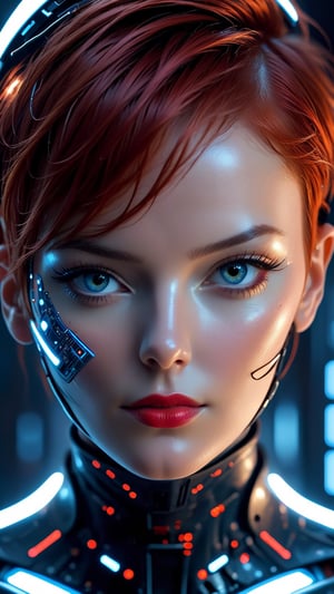 22 year old supermodel face, short red hair, fascinating future cyborg woman, fine traces of electronics under skin, cyborg elements in pleasing blue tones, detailed patterns on skin, high tech helmet and collar, electrical traces on cheeks, glowing lines under skin on nose and chin, sensual expression, eyes looking at camera, face away from camera, (close up of face), realistic, high skin detail, red lips, soft illumination