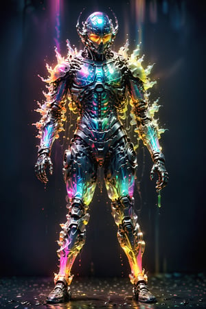An intricate and surreal photograph of an mechanically accurate translucent exoskeleton, containing a shimmering, neon-colored liquid that resembles energy. The glass exoskeleton is showcased against a dark backdrop, with soft, multicolored light beams illuminating the scene. The liquid inside the exoskeleton appears to be pulsating, creating a hypnotic, mesmerizing effect., illustration, photo