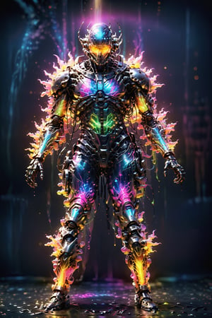 An intricate and surreal photograph of an mechanically accurate translucent exoskeleton, containing a shimmering, neon-colored liquid that resembles energy. The glass exoskeleton is showcased against a dark backdrop, with soft, multicolored light beams illuminating the scene. The liquid inside the exoskeleton appears to be pulsating, creating a hypnotic, mesmerizing effect., illustration, photo