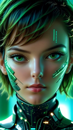 22 year old supermodel face, short hair, fascinating future cyborg woman, fine traces of electronics under skin, cyborg elements in pleasing blue or green tones, detailed patterns on skin, high tech helmet and collar, electrical traces on cheeks, glowing lines under skin on nose and chin, sensual expression, eyes looking at camera,(close up of face), realistic, high skin detail, red lips, soft illumination