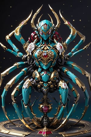 ancient end of the galactic empire female robot guardian, no expense or detail spared, statuesque form, festooned with the royal spider emblem,  infinite development budget for the emperor of the galaxy, fine detail, colors (teal, white, navy, ruby, saphire, silver, gold, black), jewels blended with metal and technology, beautiful craftmanship taken to an extreme degree, an epic blend of utilty and excess, BugCraft,photorealistic, 8k, high detail, sharp focus