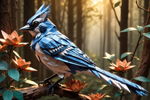 ((origami of a blue jay)), three dimentional paper art, meaningful colors,16k resolution, masterpiece, highly complex setting,dynamic lighting, breathtaking, lovely photography style, Extremely Realistic,