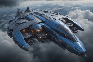 top down view of a futuristic military arial complex with a tripple fuselage, flying 15,000 feet above the ground, The craft is high over a battlescape, festooned with sensors and antenna, the craft is futuristic and complex painted in blue and grey tones, visible weapons, lighting is eerie as if blocked by cloud or smoke, rocket trails criss cross the scene below, 4k, 8k, sharp focus, high detail, Movie Still,vehicle,spcrft