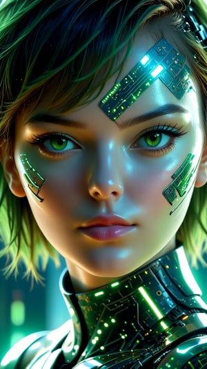 22 year old supermodel face, short hair, fascinating future cyborg woman, fine traces of electronics under skin, cyborg elements in pleasing blue or green tones, detailed patterns on skin, high tech helmet and collar, electrical traces on cheeks, glowing lines under skin on nose and chin, sensual expression, eyes looking at camera,(close up of face), realistic, high skin detail, red lips, soft illumination