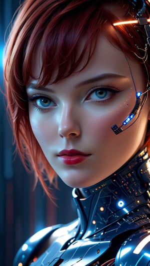 22 year old supermodel face, short red hair, fascinating future cyborg woman, fine traces of electronics under skin, cyborg elements in pleasing blue tones, detailed patterns on skin, high tech helmet and collar, electrical traces on cheeks, glowing lines under skin on nose and chin, sensual expression, eyes looking at camera, face angled from camera, (close up of face), realistic, high skin detail, red lips, soft illumination