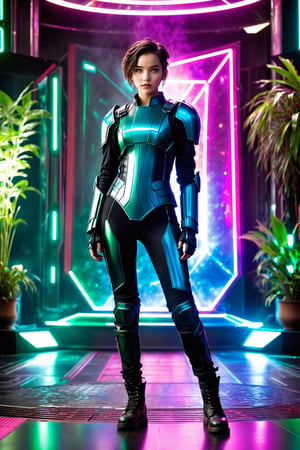 A realistic photo of Art3mis from the movie "Ready Player One", Include details about her appearance, 20 years old, teen nerd dream girl, intriguing face, blue eyes, compact hourglass figure, and stylish armor within the Oasis, short raven hair, Be sure to convey her captivating and charismatic presence, detailed skin, natural skin, full_body,DonMCyb3rSp4c3XL,score_9