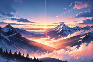 valley, sunrise, nebula sky, mountain, masterpiece, best quality, highres