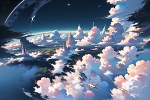 valley, masterpiece, best quality, highres,midjourney, view from above, bird-eye-view. Aerial View looking down to the ground above the clouds. Fish eye lens. Sky is nebula galaxy.