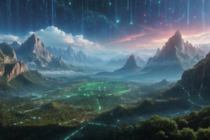 sky has wireframe, circuit board and coding like The Matrix. beautiful valley, realistic terrain stretching to the horizon. There is a lot of mountains, rocks and big trees, huge vines. The sky above is a swirling mass of nebula with no sun.