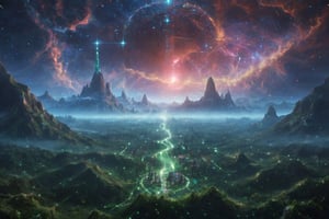 beautiful valley, realistic terrain stretching to the horizon. There is a lot of mountains, rocks, city and big trees, huge vines. The sky above is a swirling mass of nebula with no sun, mixed with wireframe, circuit board and coding words like The Matrix.,scenery