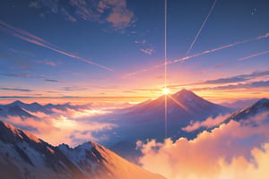 valley, sunrise, nebula sky, mountain, masterpiece, best quality, highres