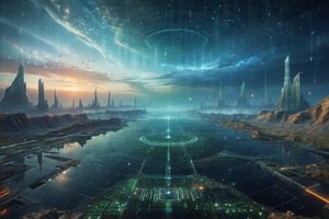 beautiful landscape realistic terrain stretching to the horizon, dotted with abandoned ancient city. The sky above is a swirling mass of nebula clouds with no sun, mixed with wireframe, circuit board and coding words like The Matrix, casting an eerie light over the barren landscape.