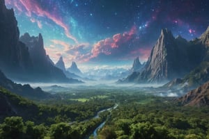 beautiful valley, realistic terrain stretching to the horizon. There is a lot of mountains, rocks and big trees, huge vines. The sky above is a swirling mass of nebula with no sun, sky is mixed with wireframe, circuit board and coding like The Matrix.,scenery