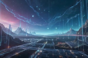 sky has wireframe, circuit board and coding like The Matrix. beautiful valley, realistic terrain stretching to the horizon. There is mountains, rocks and trees, huge vines. The sky above is a swirling mass of nebula with no sun.,neotech