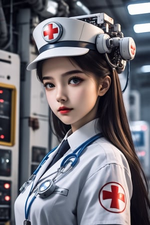 masterpiece, candid shot, best quality, 1girl, wearing nurse cap, medic logo on cap, robot girl