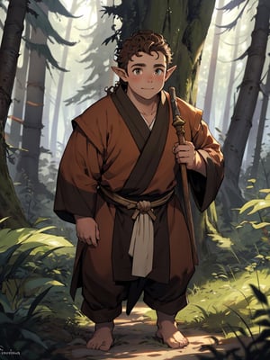 stout, short, young, dwarf, achondroplasia, olive skin, teen halfling in forest, long hair, curly brown hair, hazel eyes, male, (masterpiece) , round face, handsome, pointy ears, vox machina style, monk, robes