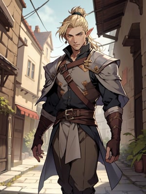 skinny, thin, young, teen in a city, dark ashen blonde hair, hazel eyes, male, (masterpiece) , handsome, pointy ears, long hair, man bun, earings, rogue, vox machina style