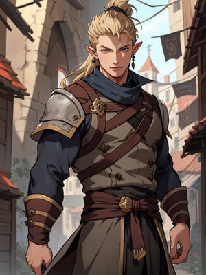 skinny, thin, young, teen in a city, dark ashen blonde hair, hazel eyes, male, (masterpiece) , handsome, pointy ears, long hair, man bun, earings, rogue, vox machina style