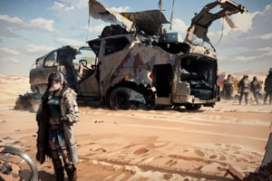 a young beautiful girl with short disheveled pigtails, she is dressed in the clothes of a post-apocalyptic raider with a skirt, a post-apocalyptic car from the movie Mad Max, a car made from scrap metal, a car made from parts of different cars, a car made from spare parts of various cars, a machine gun is installed on the roof of the car, crossout, crossout craft, post-apocalypse, wasteland, devastation, in the background there is a deserted city covered with sand, the houses in it are dilapidated, high resolution, ASU1, bondage outfit,5N 