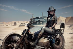 a young beautiful girl with short disheveled pigtails, she is dressed in the clothes of a post-apocalyptic raider with a skirt, a post-apocalyptic car from the movie Mad Max, a car made from scrap metal, a car made from parts of different cars, a car made from spare parts of various cars, a machine gun is installed on the roof of the car, crossout, crossout craft, post-apocalypse, wasteland, devastation, in the background there is a deserted city covered with sand, the houses in it are dilapidated, high resolution, ASU1, bondage outfit,5N 