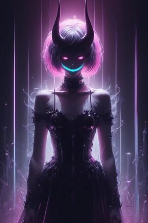 pale demon girl , (prismatic coloring, holographic vibe, chromatic:1.2) black lace transparent blouse, under transparent clothes you can see firm breasts, bonfage clothes, massive dog collar, elegant shoes and wide fishnet stockings, full body, full body in frame, full length, gothic nightclub background, neon pink lights, dark, gloomy, very dark, dim neon light, in the background there are small leather sofas illuminated from below with neon, breasts visible, (long straight horns:1.2), looks at you as a victim of his sexual pleasures, dark anime,donmcr33pyn1ghtm4r3xl  