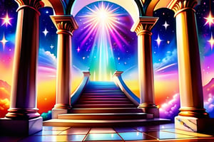 (best quality) beautiful (HDR:1.2) (realistic:1.2) (landscape:1.2) Outside, an illustration concept art the beautiful, heavenly, and ethereal glittery marble Stairway to Heaven that leads up to the sparkling exquisite Pearly Gates of Heaven, magical aura, bright bold sparkly vibrant colors that pop, shooting stars, masterpiece, 8k resolution astral, radiant, hyperdetailed, colorful, detailed, dreamy serene, mystical (heaven:1.1)
