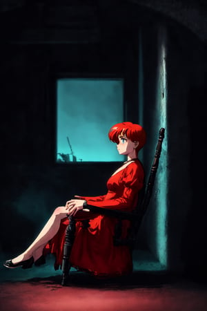 Anime retro. Highly detail. Masterpiece. Beautifull. Ciberpunk atmosphere. Dark and mistery. American shot. Boy. Solo. Three quarter profile. Blue qute eyes. Red hair. Fat face. long chair of a spring and fashion future dress. Great dress,cartoon,rha30