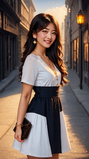 Beautiful and delicate light, (beautiful and delicate eyes), pale skin, big smile, brown eyes, black brown long hair, dreamy, 2000s (style), front shot, Asian girl, bangs, soft expression, height 170, elegance, bright smile, 8k art photo, realistic concept art, realistic, portrait, necklace, small earrings, handbag, fantasy, jewelry, shyness,  white_shirt, one piece dress, snowy street, footprints, stars_(sky), night_sky,,1 girl,yuri
