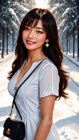 Beautiful and delicate light, (beautiful and delicate eyes), pale skin, big smile, brown eyes, black brown long hair, dreamy, 2000s (style), front shot, Asian girl, bangs, soft expression, height 170, elegance, bright smile, 8k art photo, realistic concept art, realistic, portrait, necklace, small earrings, handbag, fantasy, jewelry, shyness,  white_shirt, one piece dress, snowy street, footprints, stars_(sky), night_sky, ,JeeSoo ,1 girl,yuri